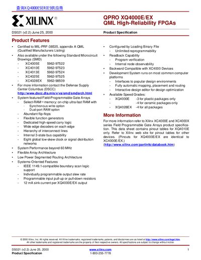 Xilinx QPRO XQ4000E/EX High-Reliability FPGA Product Specification - cover page