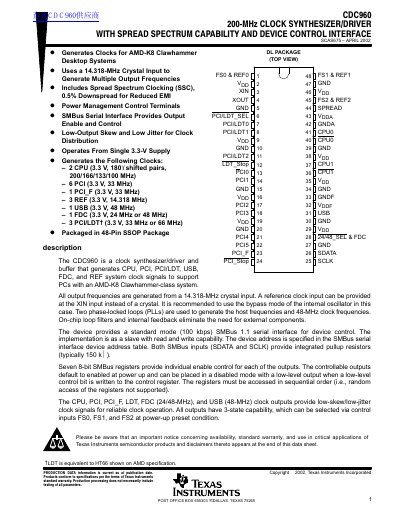 Texas Instruments CDC960 Clock Synthesizer/Driver Datasheet - cover page