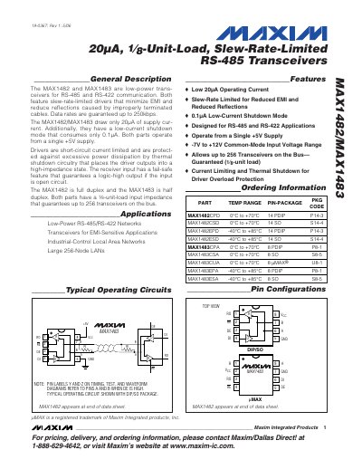 Maxim MAX1482/MAX1483 RS-485/RS-422 Transceivers Datasheet - cover page