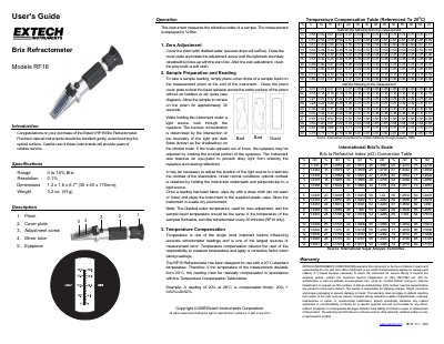 Extech RF18 Brix Refractometer User's Guide