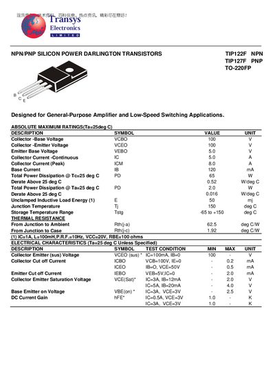 Transys Electronics TIP122F NPN TIP127F PNP TO-220FP NPN/PNP SILICON POWER DARLINGTON TRANSISTORS  - cover page