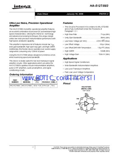 Intersil HA-5127/883 Operational Amplifier Datasheet - cover page