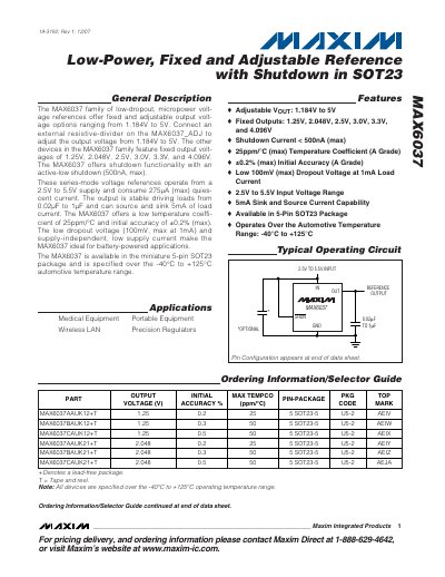 Maxim Integrated MAX6037 Low‑Power Fixed and Adjustable Reference Datasheet - cover page