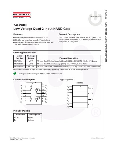 Fairchild 74LVX00 Low Voltage Quad 2-Input NAND Gate Datasheet - cover page