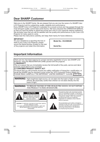 SHARP XG-E690UB Color LCD Projector Operation Manual - cover page