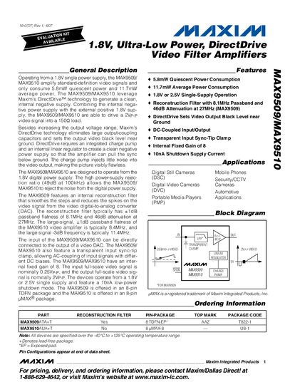 Maxim MAX9509/MAX9510 Video Filter Amplifier Datasheet - cover page