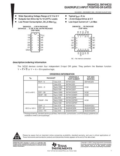 Texas Instruments SN54HC32 / SN74HC32 Datasheet - cover page