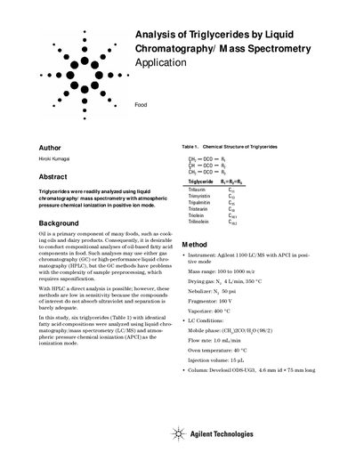 Agilent 1100 LC/MS Analysis of Triglycerides Application Note - cover page