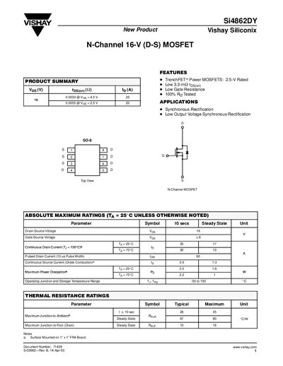 Vishay Siliconix Si4862DY N-Channel MOSFET Datasheet - cover page