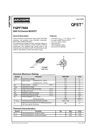 Fairchild Semiconductor FQPF7N60 600V N-Channel MOSFET Datasheet - cover page
