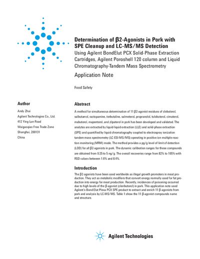 Determination of B2-Agonists in Pork with SPE Cleanup and LC-MS/MS Detection Using Agilent BondElut PCX Solid-Phase Extr - cover page