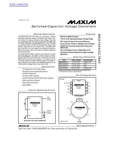 Maxim MAX1044/ICL7660 Switched-Capacitor Voltage Converters Datasheet - cover page
