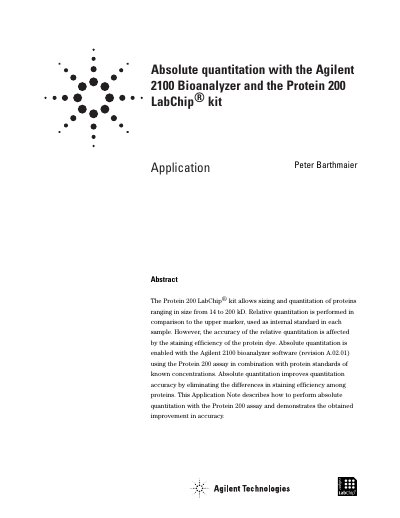 Agilent 2100 Bioanalyzer Protein 200 LabChip Kit Absolute Quantitation Application Note - cover page