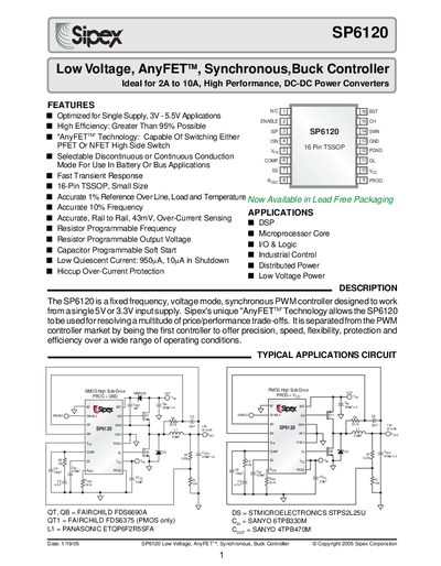Sipex SP6120 Low Voltage AnyFET Synchronous Buck Controller Datasheet - cover page