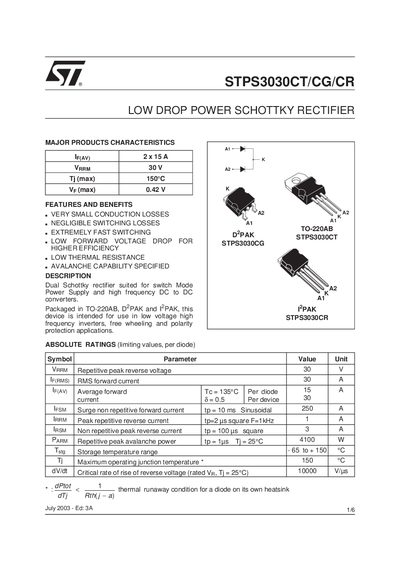 STMicroelectronics STPS3030CT/CG/CR Schottky Rectifier Datasheet - cover page