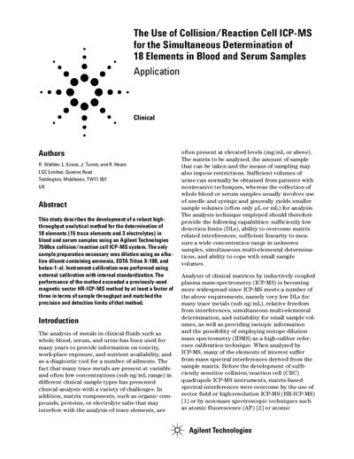 Agilent 7500ce ICP-MS Application Note: Determination of 18 Elements in Blood Serum - cover page