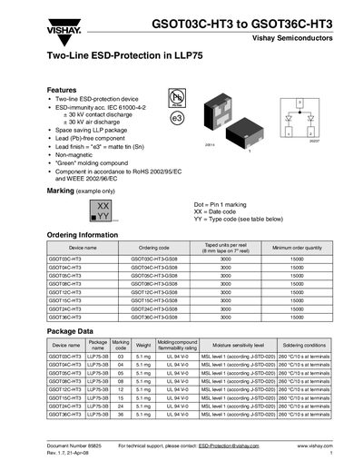 Vishay GSOT03C-HT3 to GSOT36C-HT3 Two-Line ESD-Protection in LLP75 Datasheet - cover page