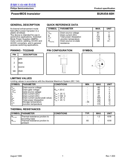 Philips BUK454-60H PowerMOS Transistor Product Specification - cover page