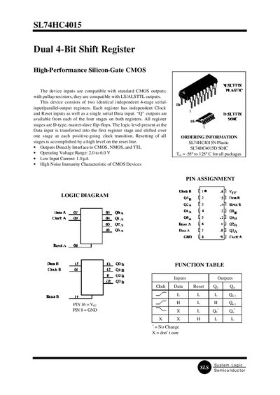 System Logic Semiconductor SL74HC4015 Dual 4-Bit Shift Register Datasheet - cover page
