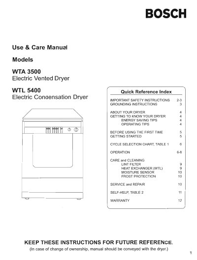 Bosch WTA3500 Electric Vented Dryer Use & Care Manual - cover page