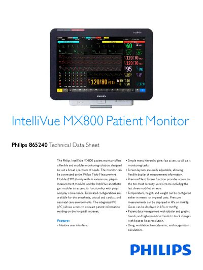 Philips MX800 Patient Monitor Technical Data Sheet