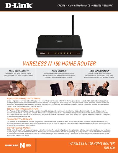 D-Link DIR-600 Wireless N 150 Home Router User Manual - cover page