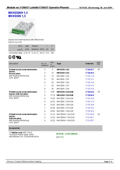 PHOENIX CONTACT MKKDSNH 1 5 MKKDSN 1 5 Module no:1726037 LabelId:1726037 Operator:Phoenix handbook - cover page