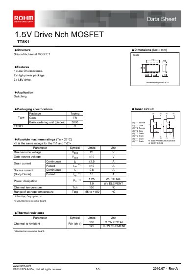 ROHM TT8K1 N‑Channel MOSFET Datasheet