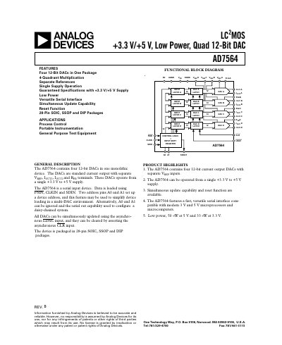 Analog Devices AD7564 4‑Channel 12‑Bit DAC Datasheet - cover page