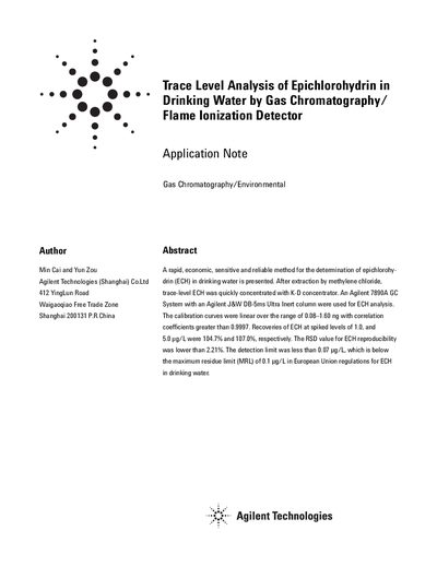 Agilent 7890A GC Trace Analysis of Epichlorohydrin Application Note - cover page