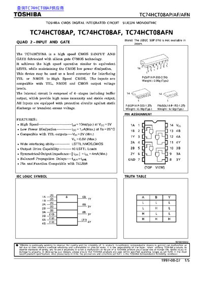 Toshiba TC74HCT08AP Quad 2-Input AND Gate Datasheet - cover page
