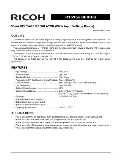 Ricoh R1515x Series Voltage Regulator IC Datasheet