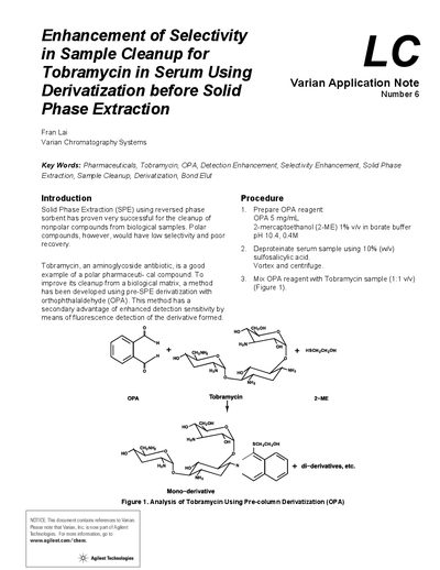 Varian Application Note 8 Tobramycin Sample Cleanup Derivatization SPE - cover page
