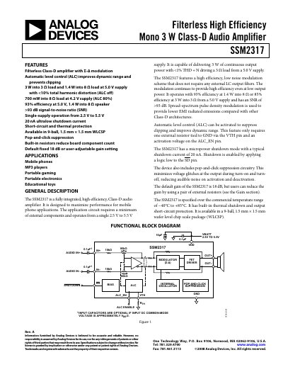 Analog Devices SSM2317 Class‑D Audio Amplifier Datasheet Rev A
