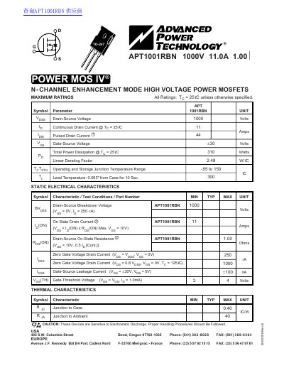Advanced Power Technology APT1001RBN Power MOSFET Datasheet - cover page
