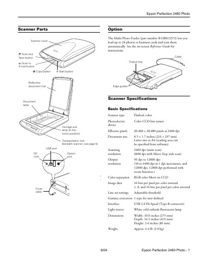 Epson Perfection 2480 Photo Scanner User Manual
