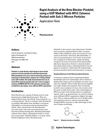 Agilent ZORBAX SB-CN Pindolol Analysis Application Note - cover page