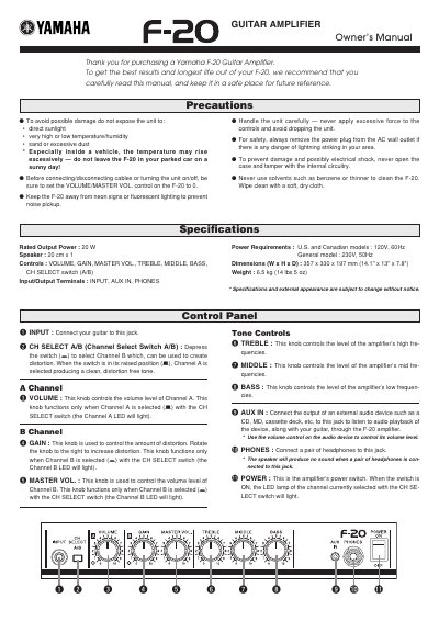 Yamaha F-20 Guitar Amplifier Owner's Manual - cover page