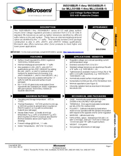 Microsemi IN5518BUR-1 to 1N5546BUR-1 Zener Diode Data Sheet - cover page