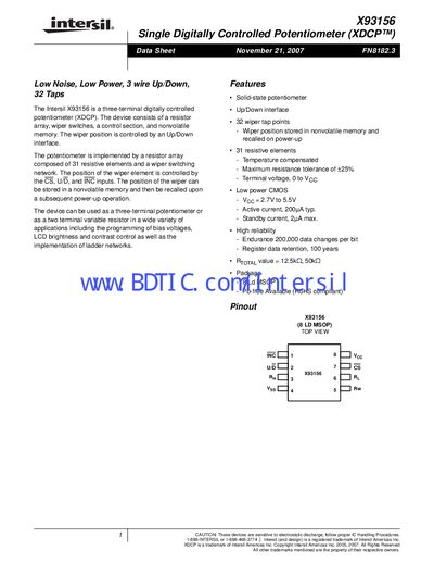 Intersil X93156 Digitally Controlled Potentiometer Datasheet - cover page