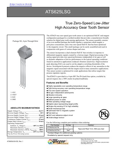 Allegro ATS625LSG True Zero-Speed Gear Tooth Sensor Datasheet - cover page