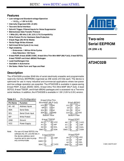 Atmel AT24C02B EEPROM Datasheet - cover page