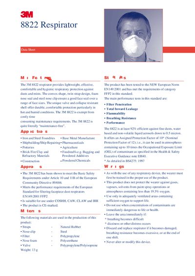 3M 8822 Respirator Data Sheet - cover page