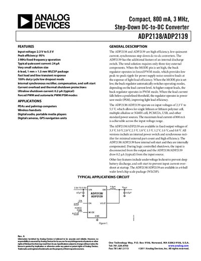Analog Devices ADP2138/ADP2139 Step-Down DC-DC Converter Datasheet - cover page