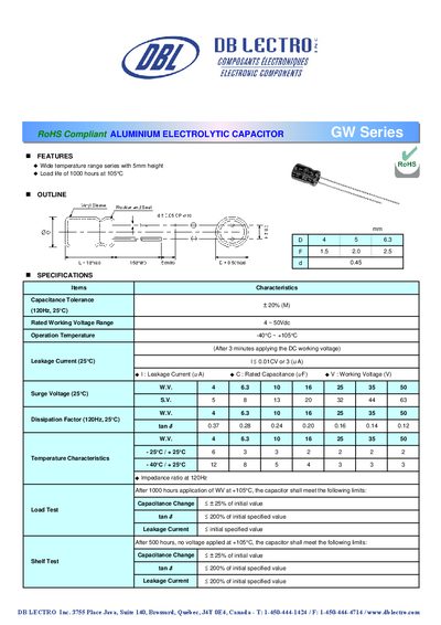 DB LECTRO GW Series Aluminium Electrolytic Capacitor Datasheet - cover page
