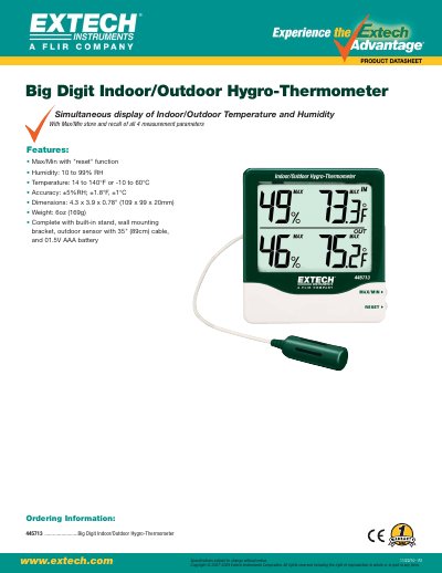 Extech 445713 Big Digit Indoor/Outdoor Hygro-Thermometer Product Leaflet - cover page