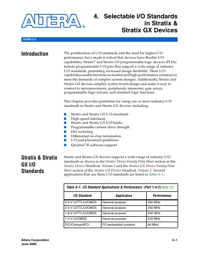Altera Stratix and Stratix GX Selectable I/O Standards Guide - cover page