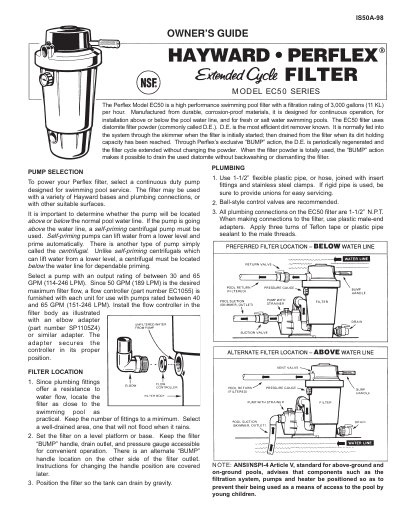 Hayward EC50 Series Swimming Pool Filter Owner's Guide - cover page