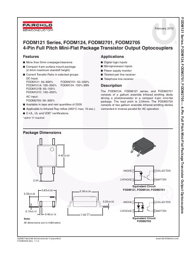 FAIRCHILD FODM121 Series FODM124 FODM2701 FODM2705 4-Pin Full Pitch Mini-Flat Package Transistor Output Optocouplers handbook - cover page