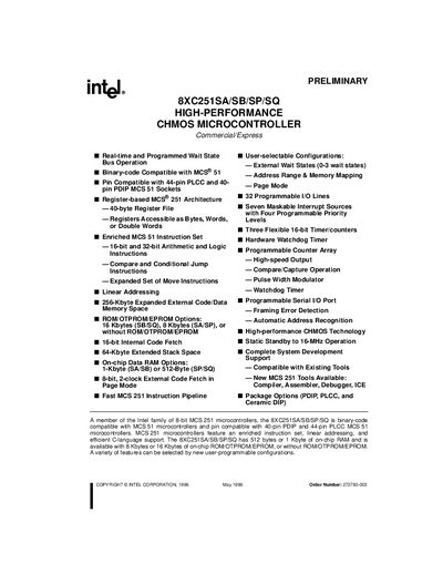 Intel 8XC251SA/SB/SP/SQ Microcontroller Datasheet - cover page